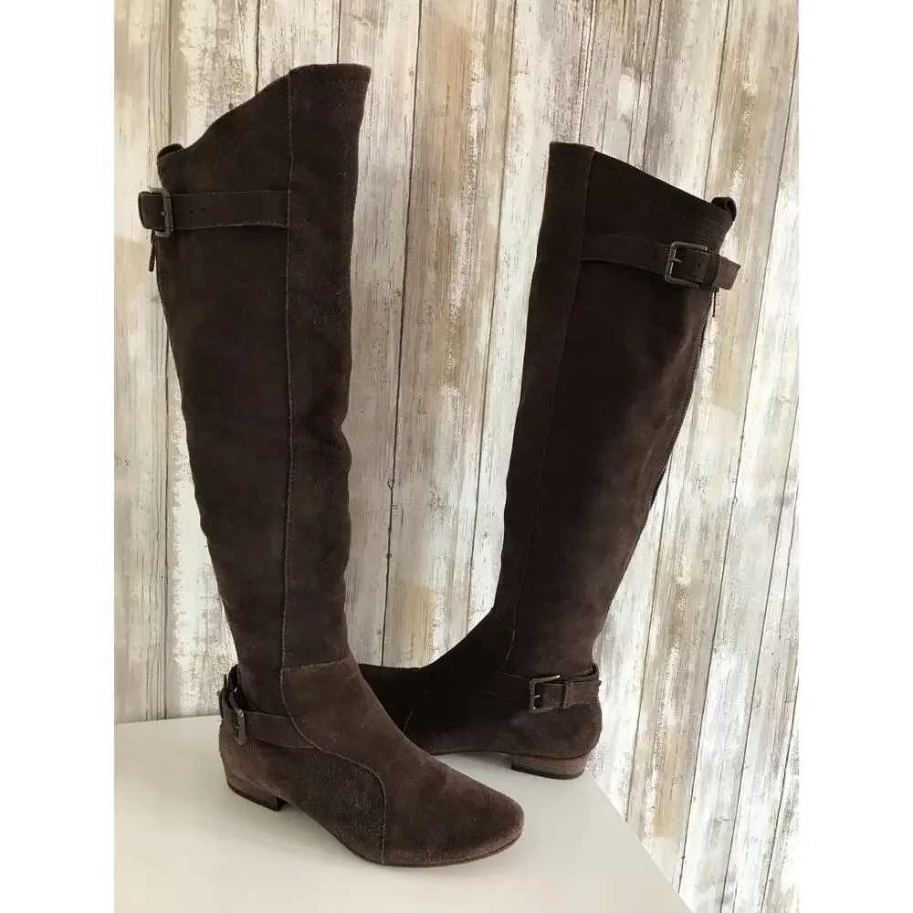 JOIE Many Roads Over The Knee Brown Suede Flat Boots Buckle Zipper 37 6.5